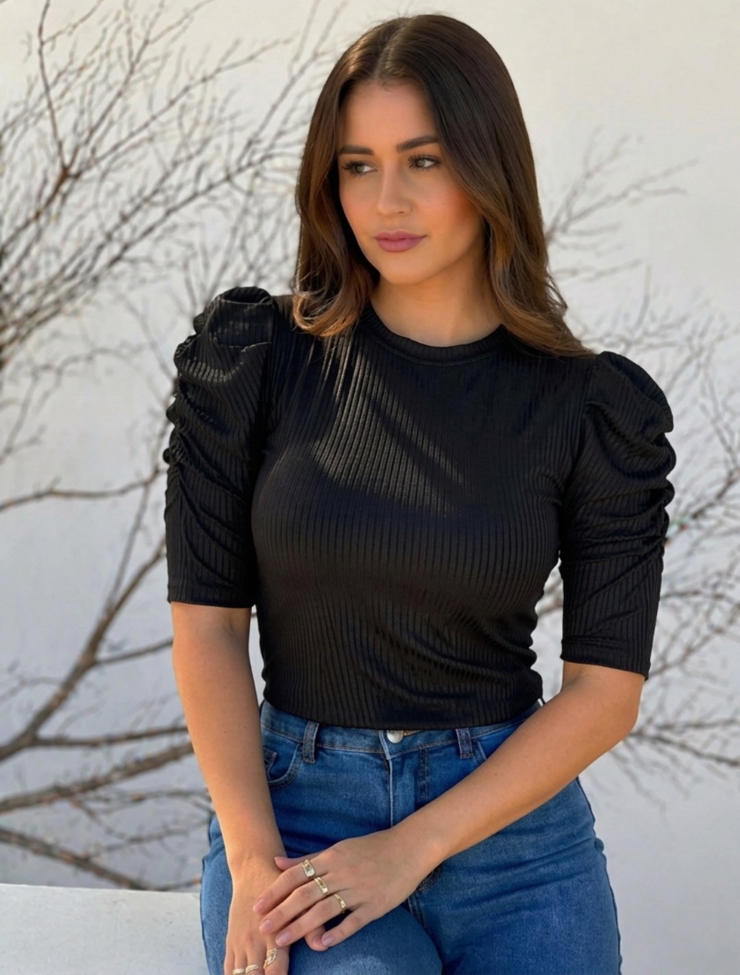 Top Côtelé Manches Bouffantes