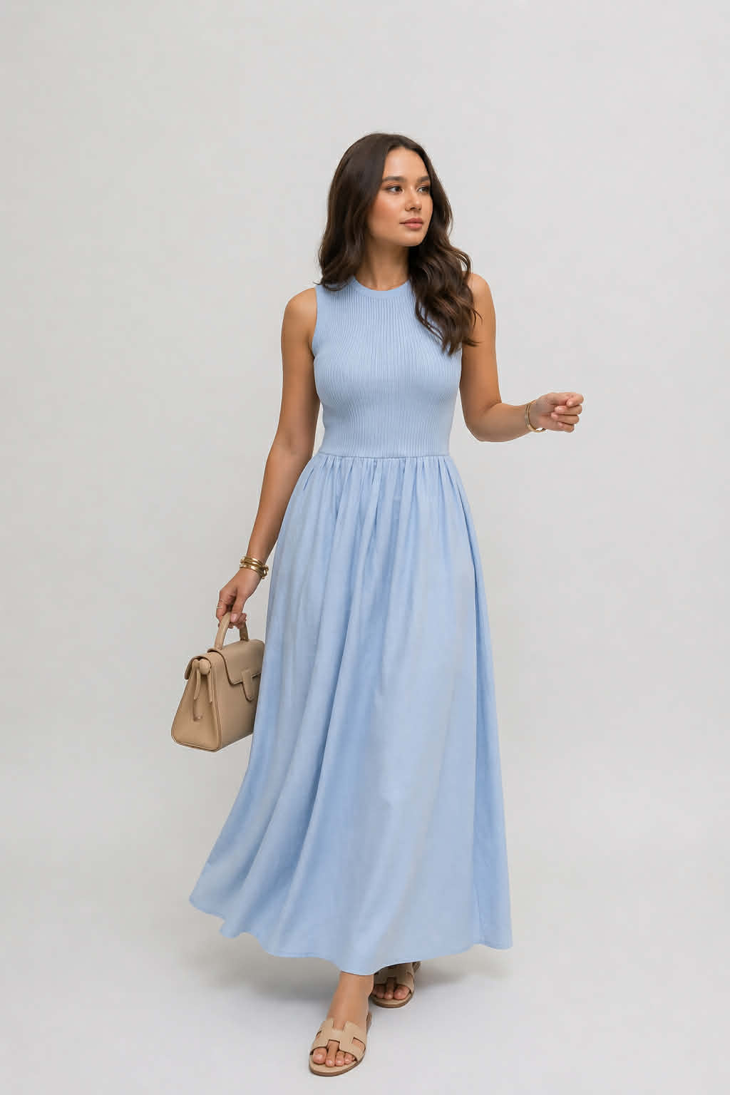 Robe Fluide à Corsage Côtelé
